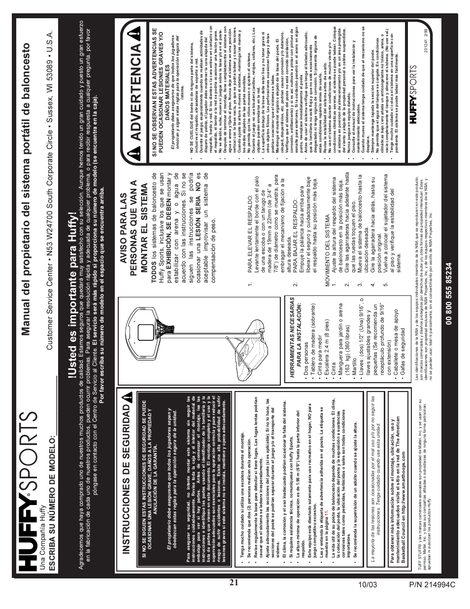 Advertencia, Instrucciones de seguridad, Escriba su número de modelo | Una compañía huffy | Huffy 214994C User Manual | Page 21 / 24