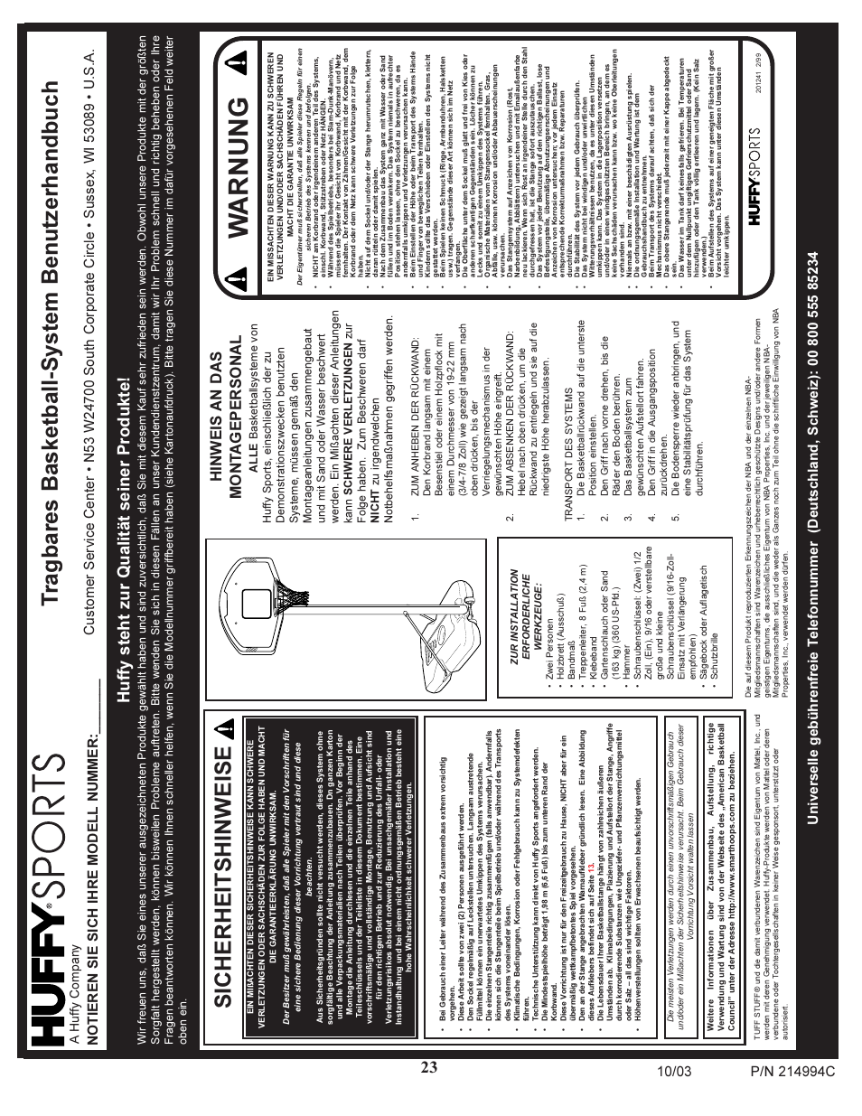 Warnung, Sicherheitshinweise, Tragbares basketball-system benutzerhandbuch | Huffy steht zur qualität seiner produkte, A huffy company | Huffy 214994C User Manual | Page 23 / 24