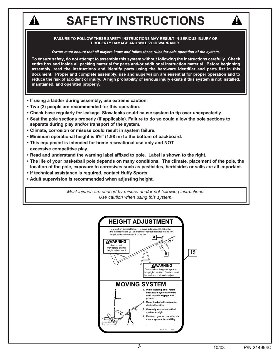 Safety instructions, Moving system, Height adjustment | Huffy 214994C User Manual | Page 3 / 24