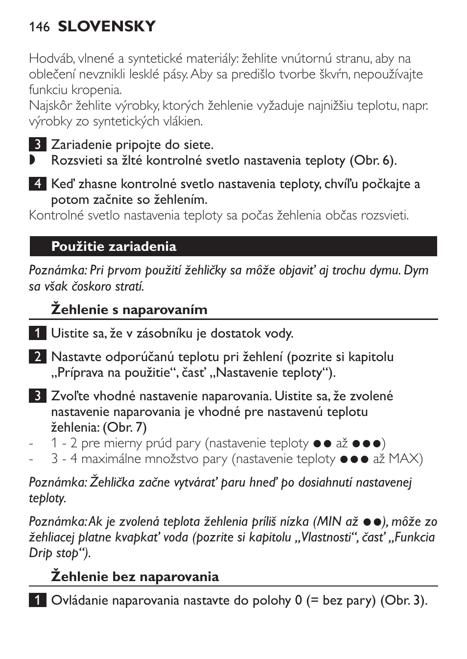 Použitie zariadenia, Žehlenie s naparovaním, Žehlenie bez naparovania | Philips GC3540 User Manual | Page 146 / 192