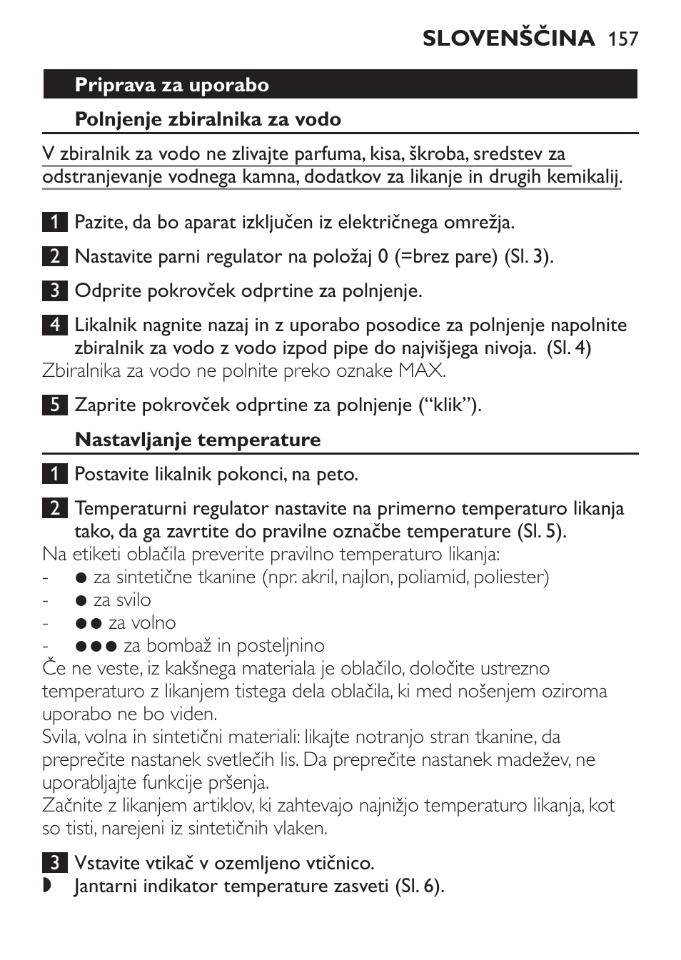 Priprava za uporabo, Polnjenje zbiralnika za vodo, Nastavljanje temperature | Philips GC3540 User Manual | Page 157 / 192