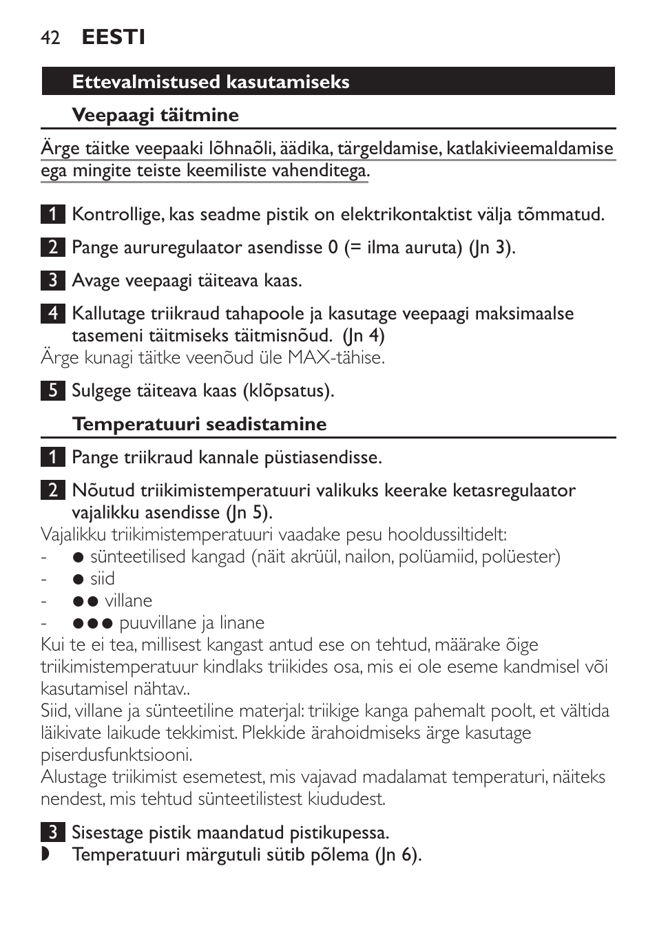 Temperatuuri seadistamine | Philips GC3540 User Manual | Page 42 / 192