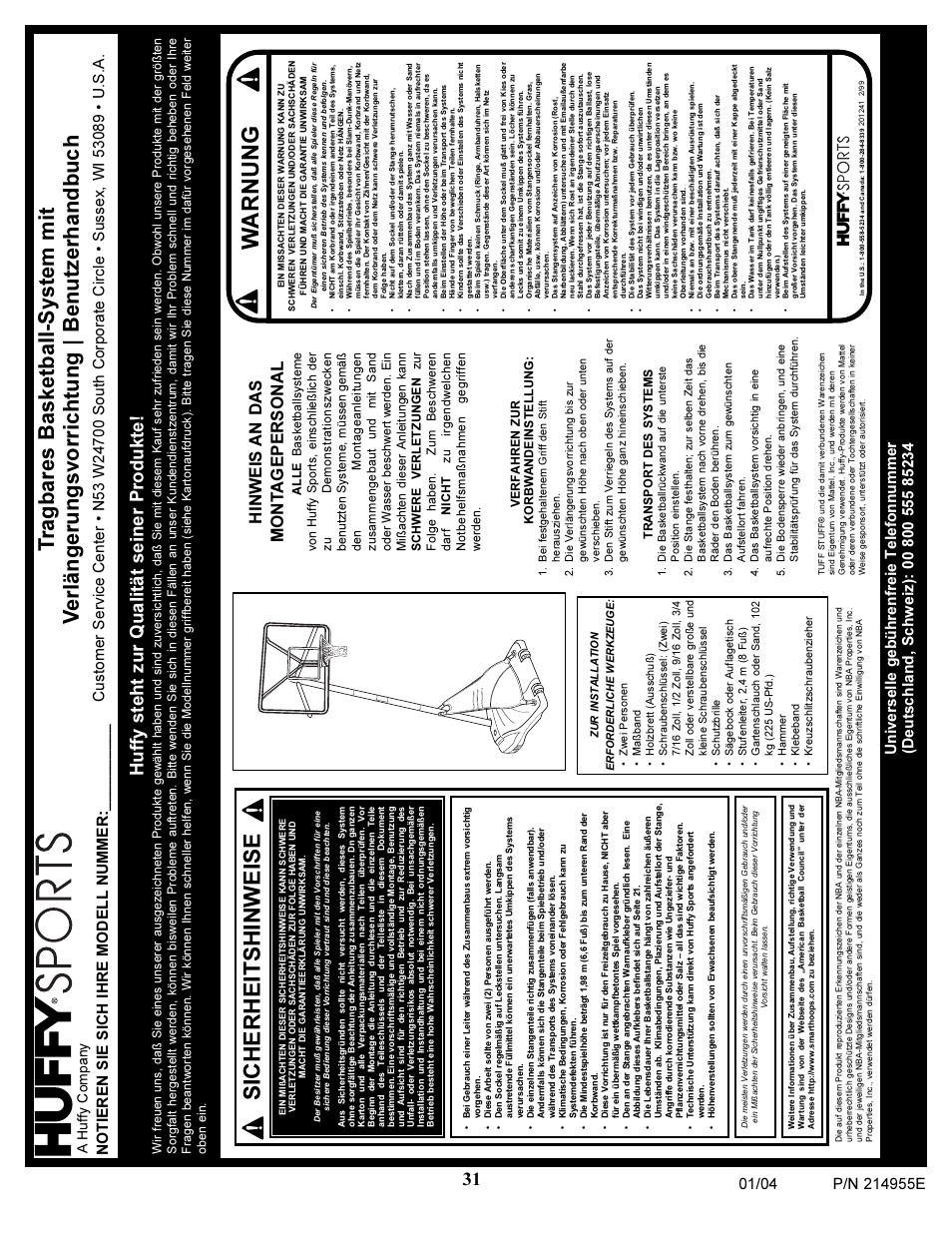 Wa rnung, Sicherheitshinweise, Huffy steht zur qualität seiner produkte | A huffy company | Huffy AR325W User Manual | Page 31 / 33