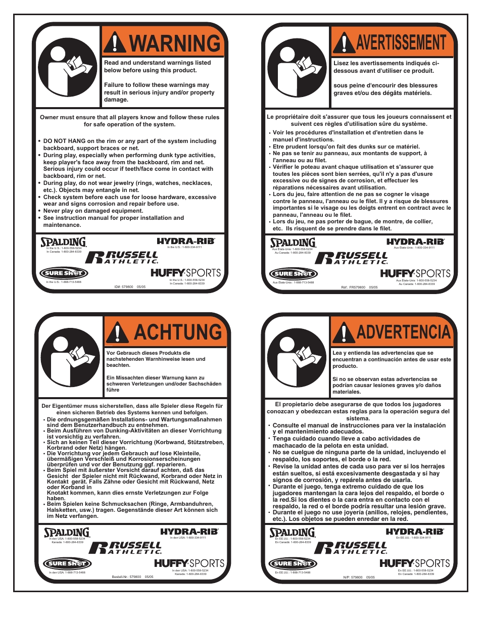 Warning, Achtung, Avertissement | Advertencia | Huffy M7800041 User Manual | Page 6 / 14