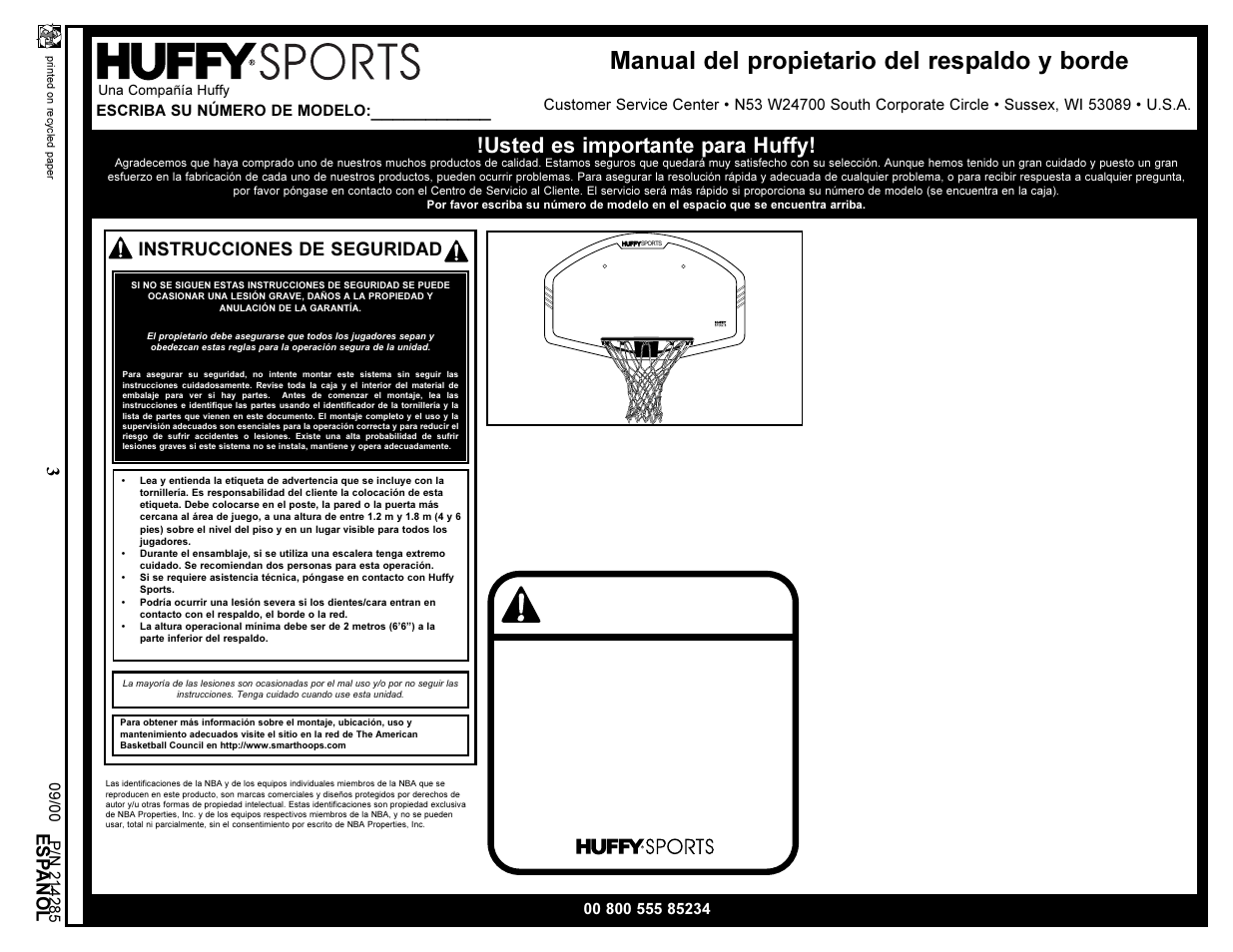Advertencia, Manual del propietario del respaldo y borde, Usted es importante para huffy | Es p añol, Instrucciones de seguridad | Huffy DEP 800 User Manual | Page 3 / 4