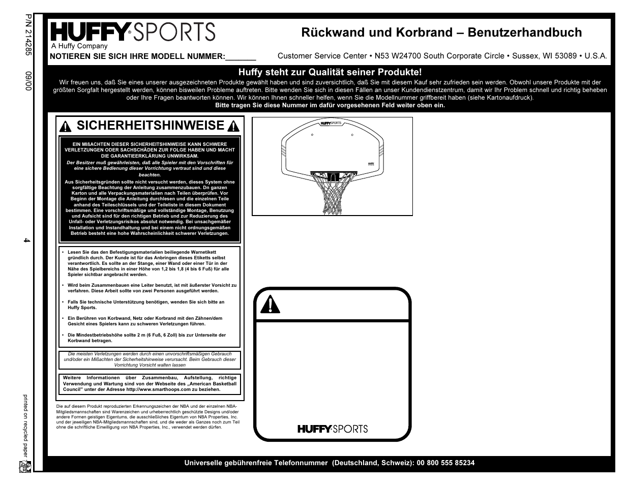Warnung, Sicherheitshinweise, Rückwand und korbrand – benutzerhandbuch | Huffy steht zur qualität seiner produkte | Huffy DEP 800 User Manual | Page 4 / 4