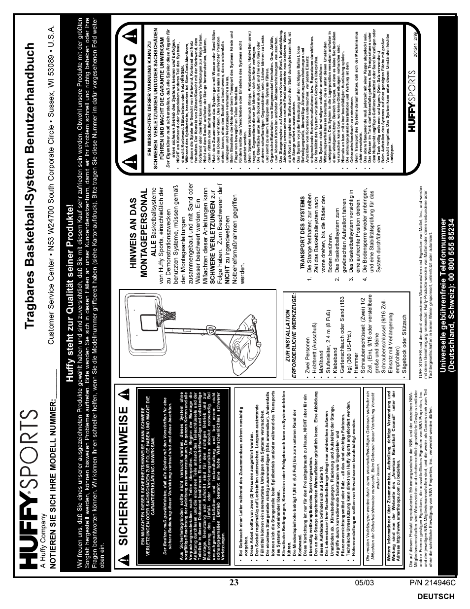 Warnung, Sicherheitshinweise, Tragbares basketball-system benutzerhandbuch | Huffy steht zur qualität seiner produkte, A huffy company | Huffy 214946C User Manual | Page 23 / 25