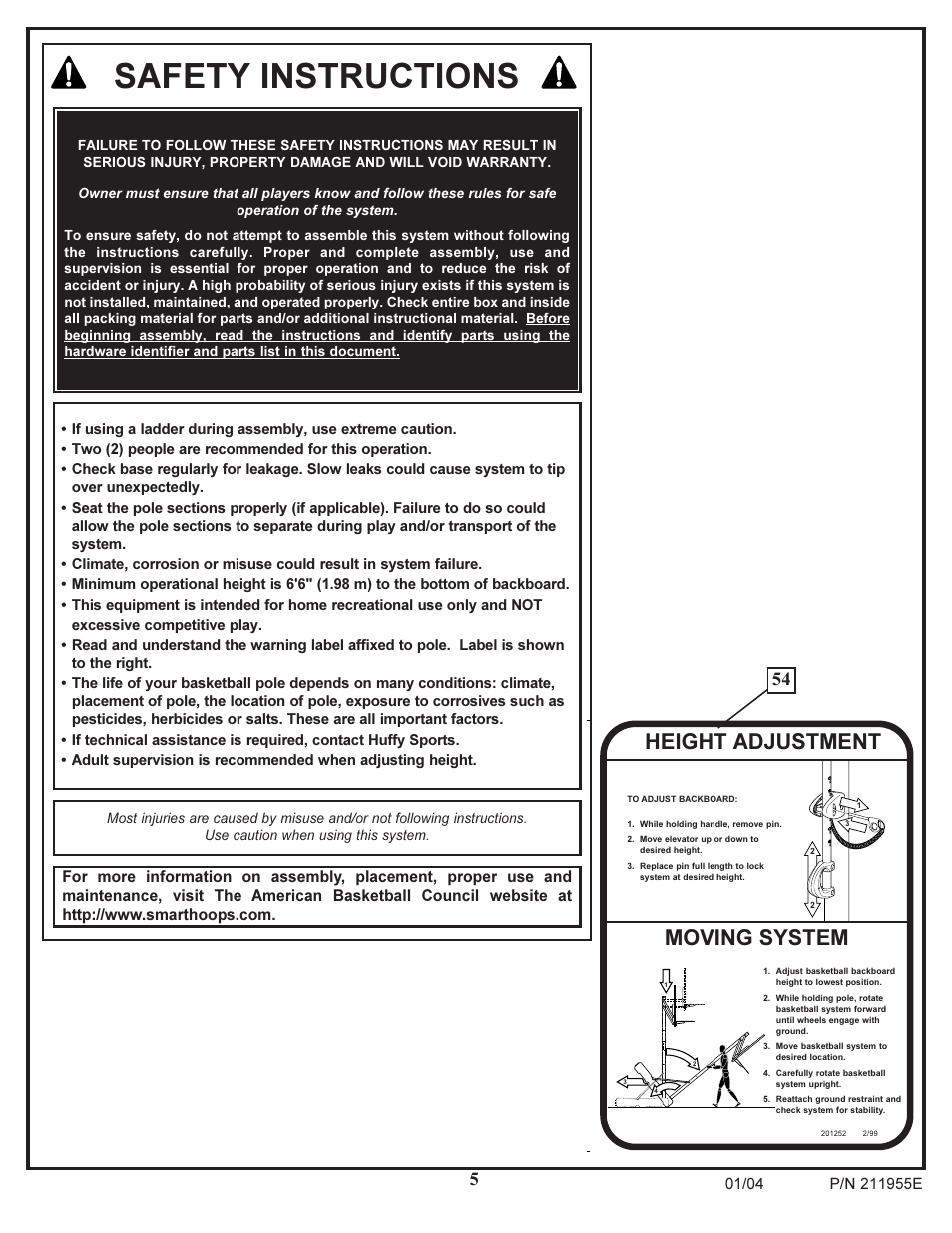 Safety instructions, Moving system, Height adjustment | Huffy Portable System User Manual | Page 5 / 24