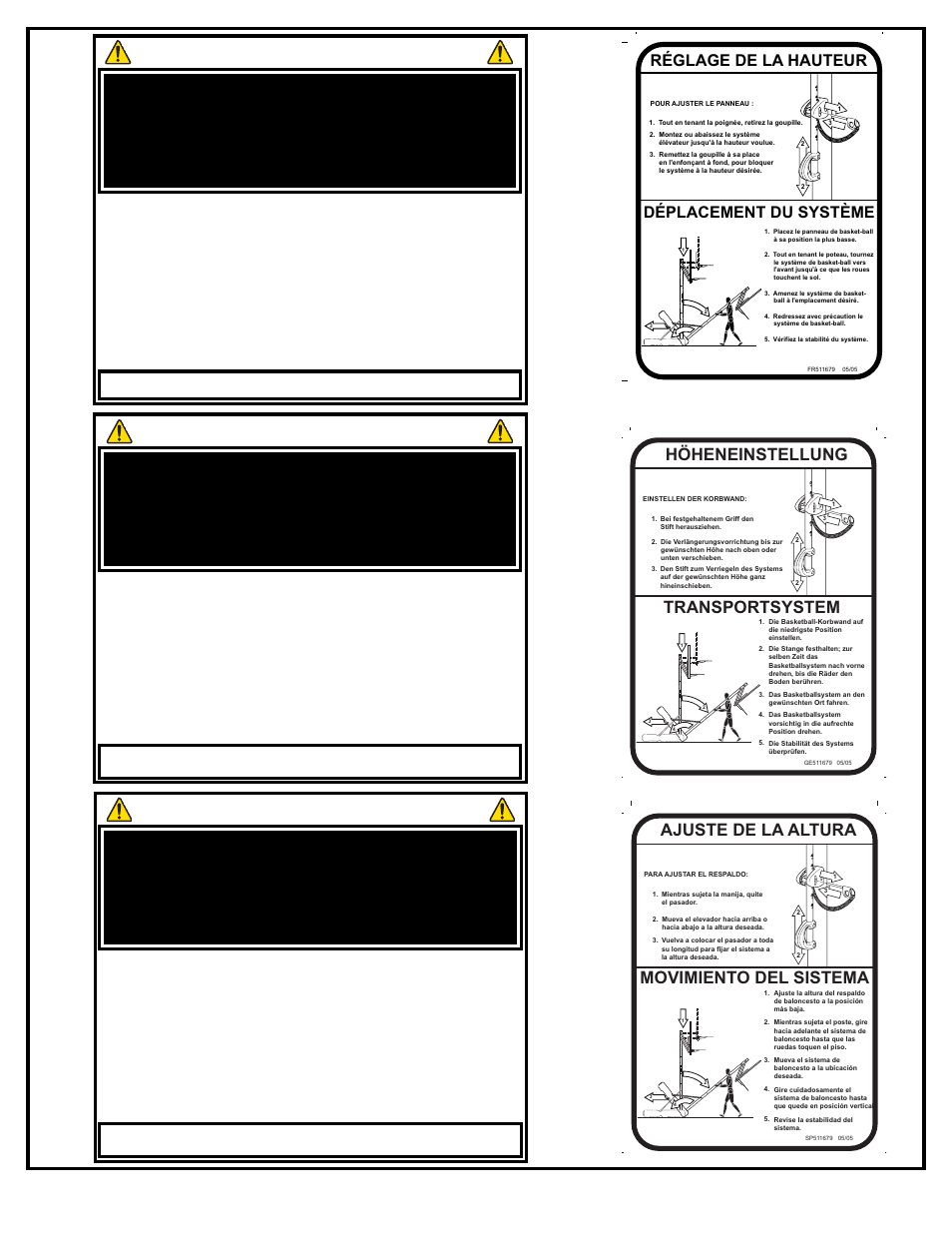 Consignes de sécurité, Sicherheitshinweise, Instrucciones de seguridad | Transportsystem, Höheneinstellung, Movimiento del sistema, Ajuste de la altura, Déplacement du système réglage de la hauteur | Huffy M6611043 User Manual | Page 35 / 67