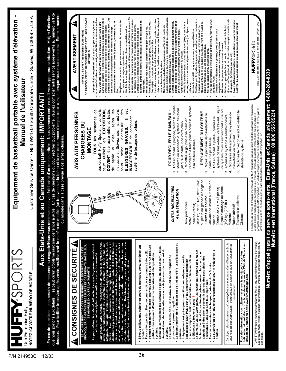 Consignes de sécurité, Avis aux personnes chargées du mont a g e, Avertissement | Une entreprise huffy | Huffy 214953C User Manual | Page 26 / 34