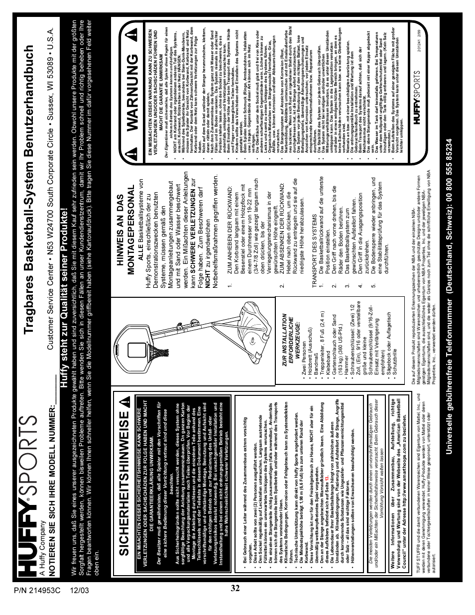 Warnung, Sicherheitshinweise, Tragbares basketball-system benutzerhandbuch | Huffy steht zur qualität seiner produkte, A huffy company | Huffy 214953C User Manual | Page 32 / 34