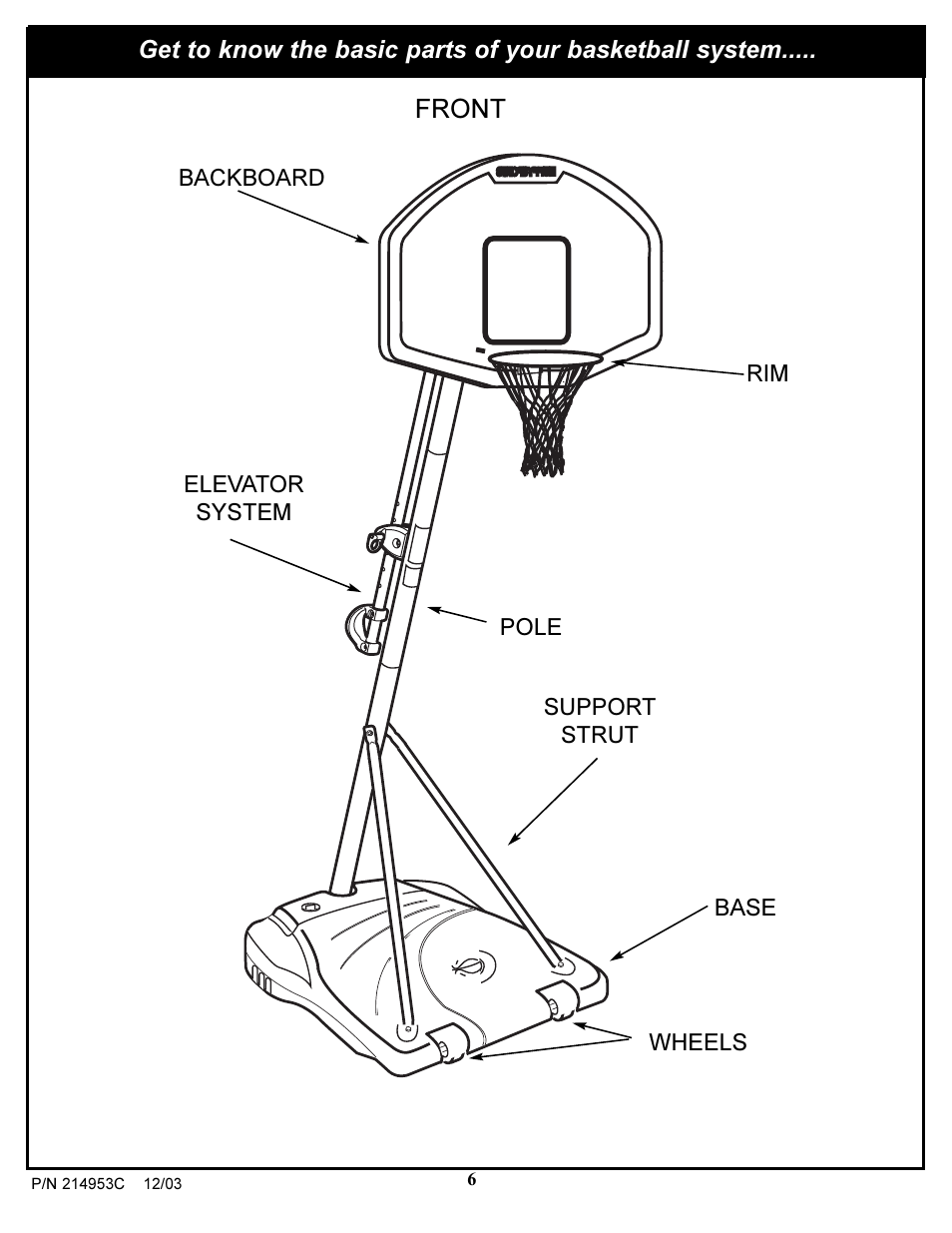 Front, Support strut backboard, Rim base pole wheels elevator system | Huffy 214953C User Manual | Page 6 / 34