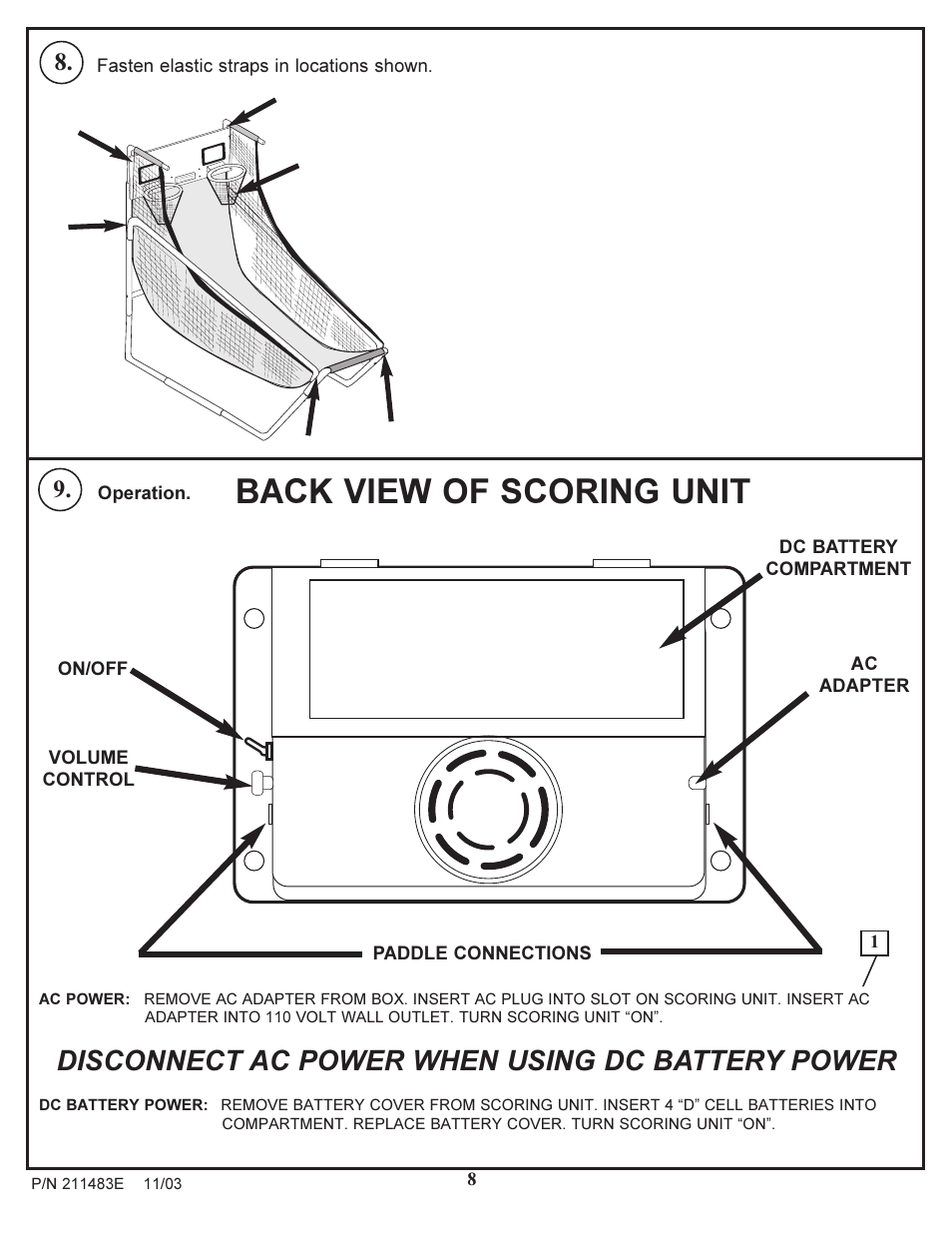 Back view of scoring unit, Disconnect ac power when using dc battery power | Huffy Dual Electronic Basketball System User Manual | Page 8 / 9