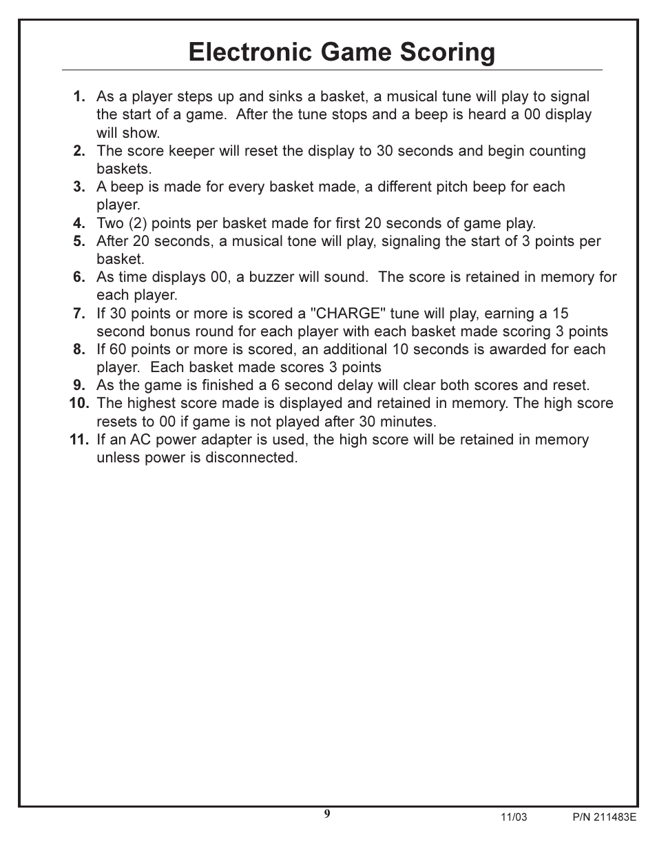 Electronic game scoring | Huffy Dual Electronic Basketball System User Manual | Page 9 / 9