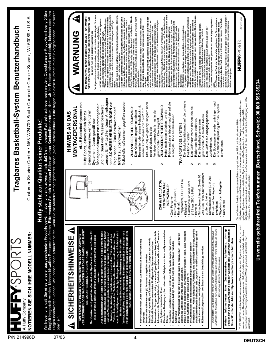 Warnung, Sicherheitshinweise, Tragbares basketball-system benutzerhandbuch | Huffy steht zur qualität seiner produkte, Deutsch, A huffy company | Huffy 15 User Manual | Page 4 / 26