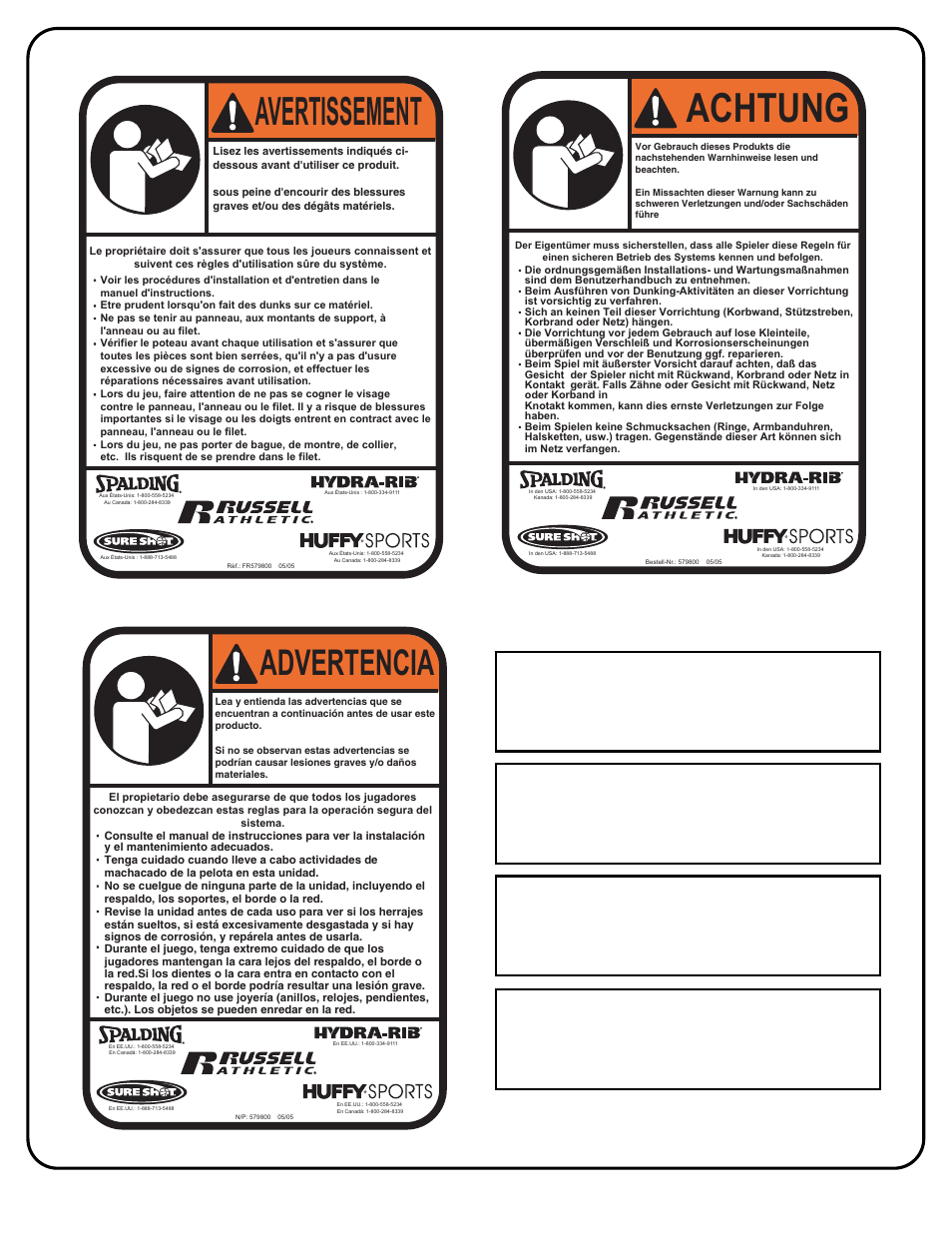 Achtung, Avertissement, Advertencia | Huffy SR-VDA300U User Manual | Page 6 / 22