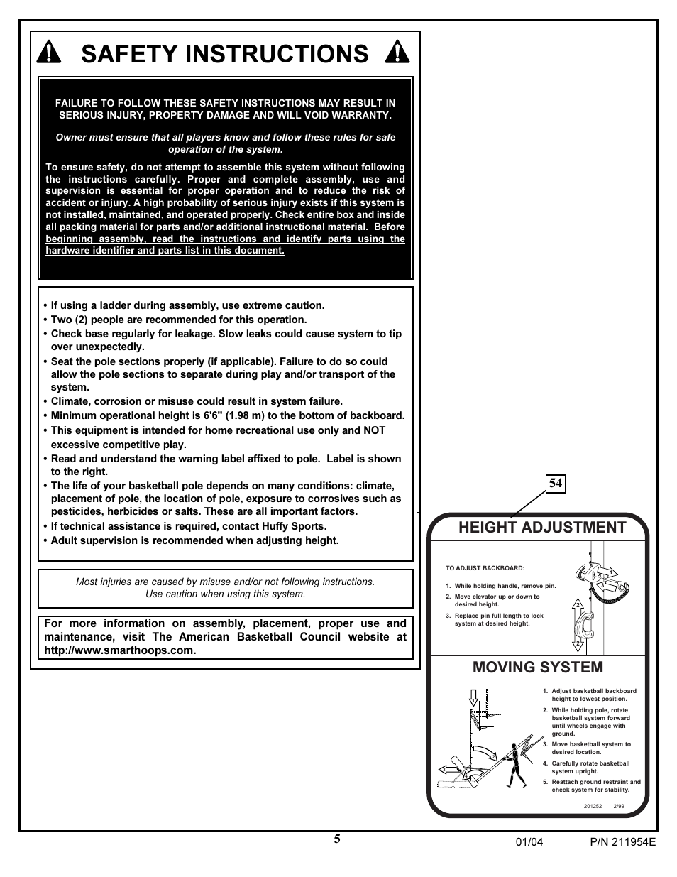 Safety instructions, Moving system, Height adjustment | Huffy 211954E User Manual | Page 5 / 22