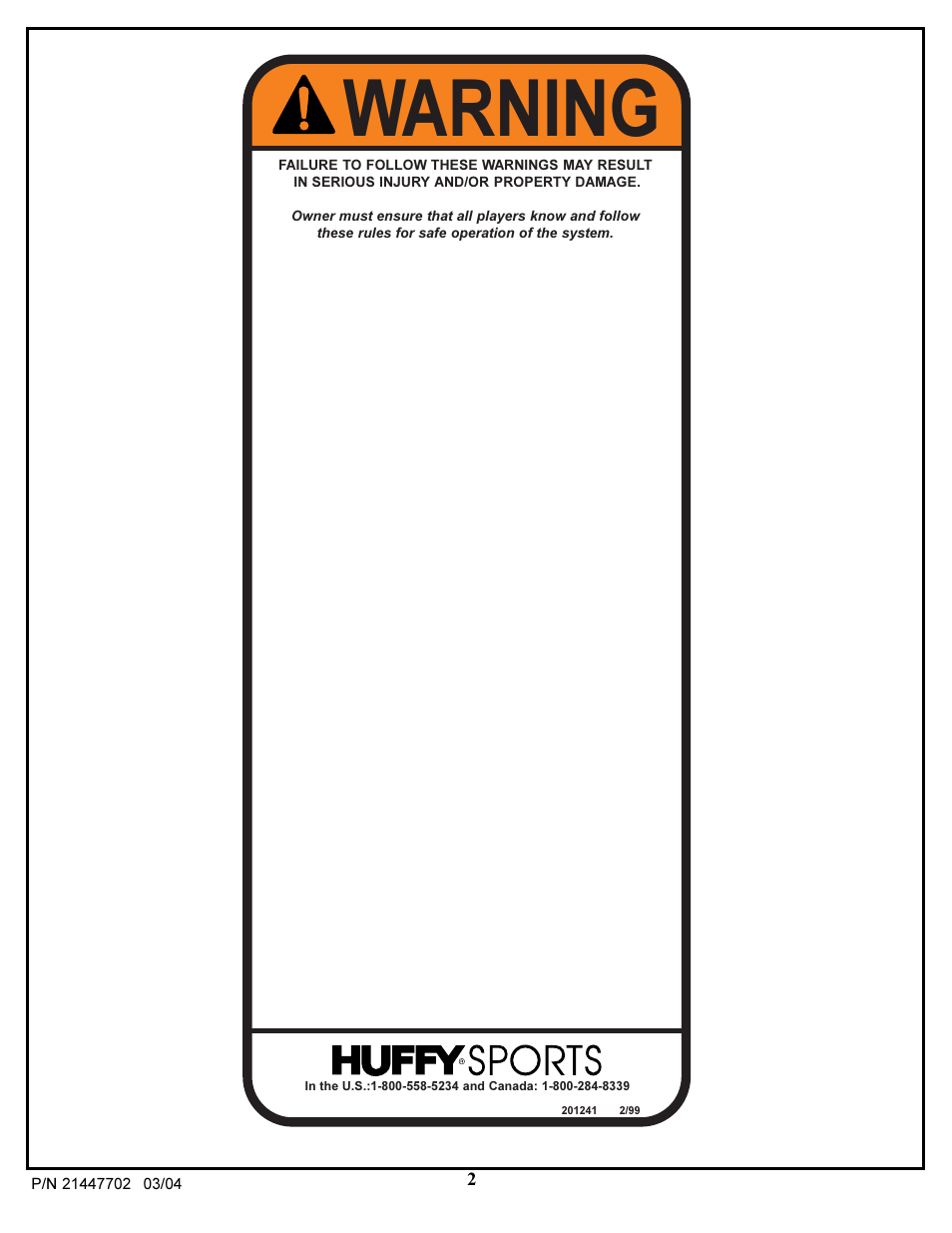 Warning | Huffy NCS102 User Manual | Page 2 / 55