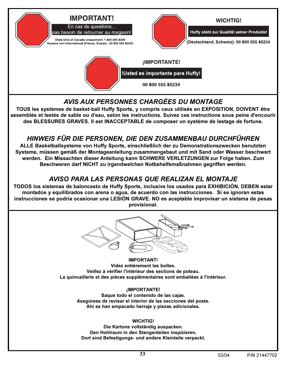 Avis aux personnes chargées du montage, Aviso para las personas que realizan el montaje | Huffy NCS102 User Manual | Page 33 / 55