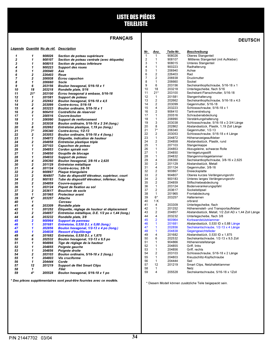 Liste des pièces teileliste, Deutsch | Huffy NCS102 User Manual | Page 34 / 55