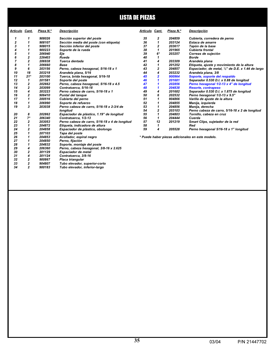 Lista de piezas | Huffy NCS102 User Manual | Page 35 / 55