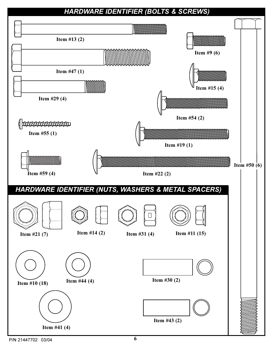 Hardware identifier (bolts & screws) | Huffy NCS102 User Manual | Page 6 / 55