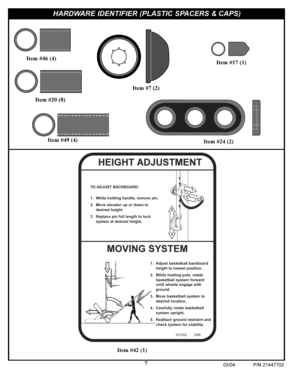 Moving system, Height adjustment, Hardware identifier (plastic spacers & caps) | Huffy NCS102 User Manual | Page 7 / 55