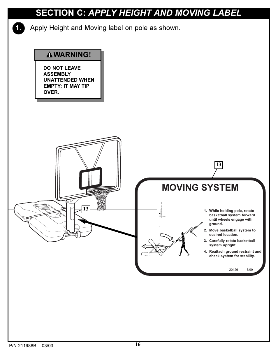 Moving system, Warning, Apply height and moving label on pole as shown | Huffy PROTEA 4.24C User Manual | Page 16 / 16