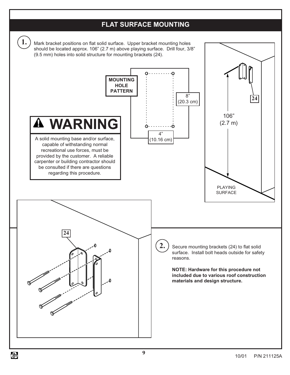 Warning, Flat surface mounting | Huffy Universal Elevator Mount User Manual | Page 9 / 11