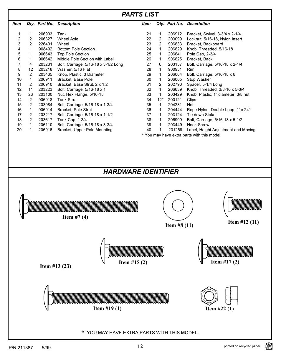 Parts list, Hardware identifier | Huffy 211387 User Manual | Page 12 / 13