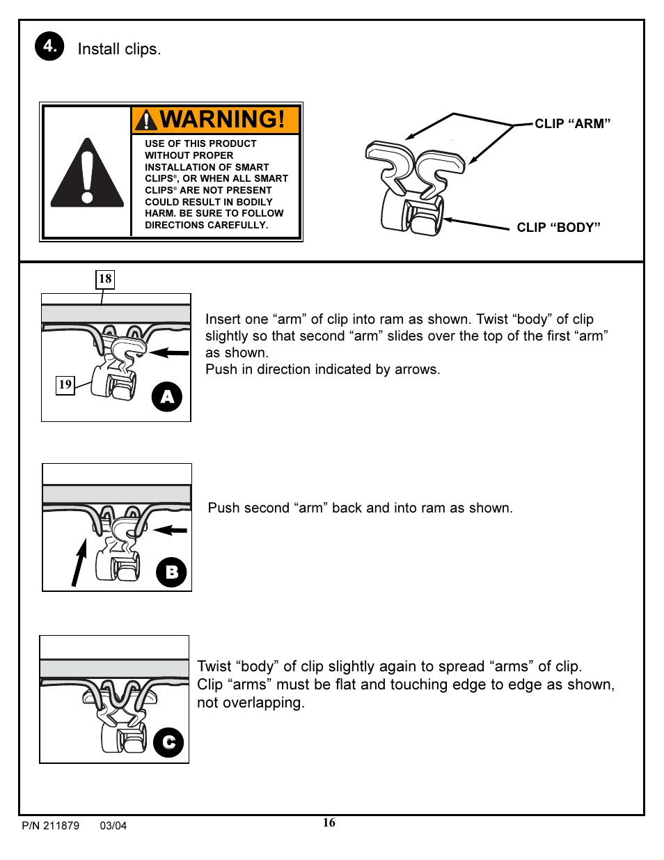 Warning, Ab b c c, Install clips | Huffy POWER XPERT 1000 User Manual | Page 16 / 18