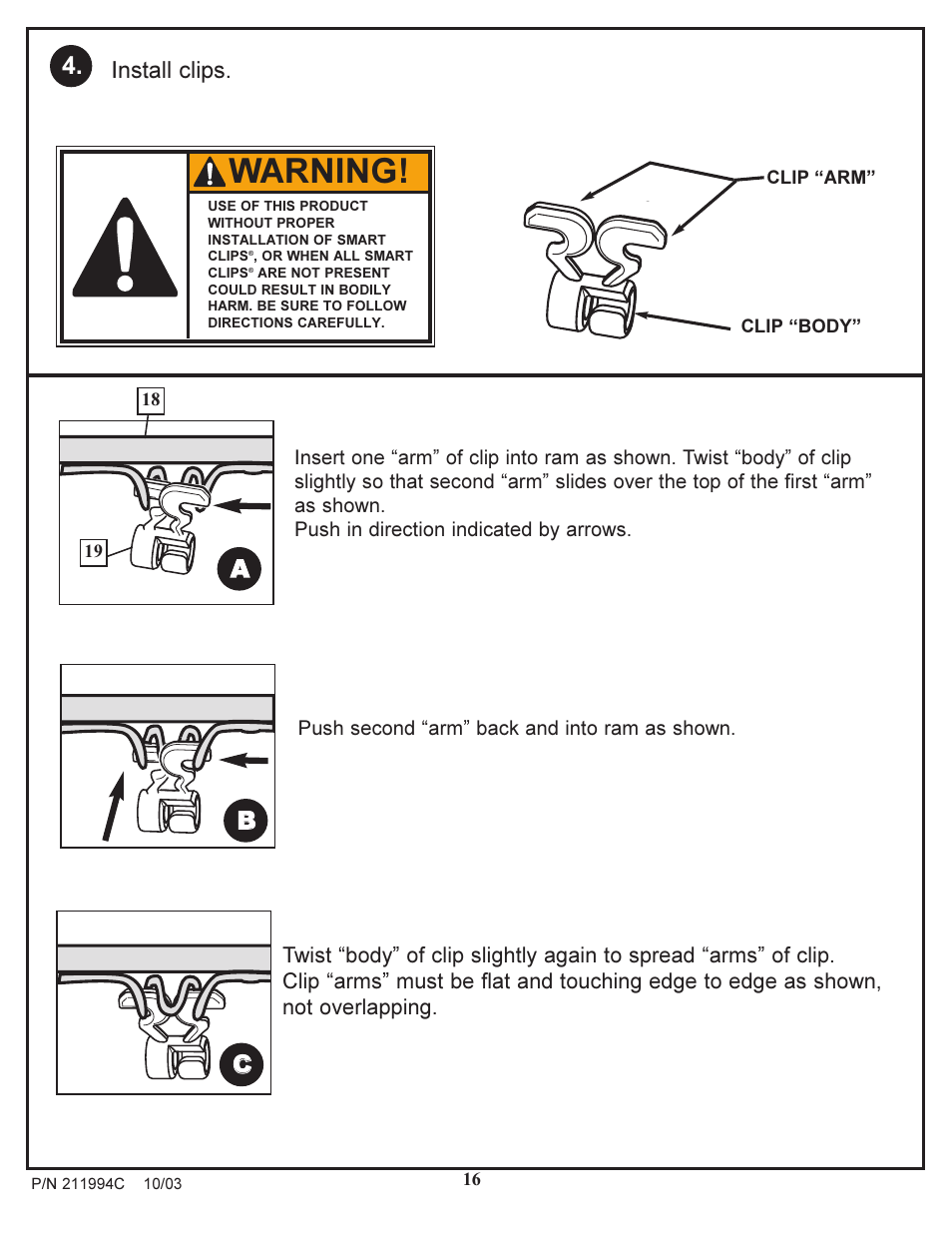 Warning, Ab b c c, Install clips | Huffy 1332G User Manual | Page 16 / 18