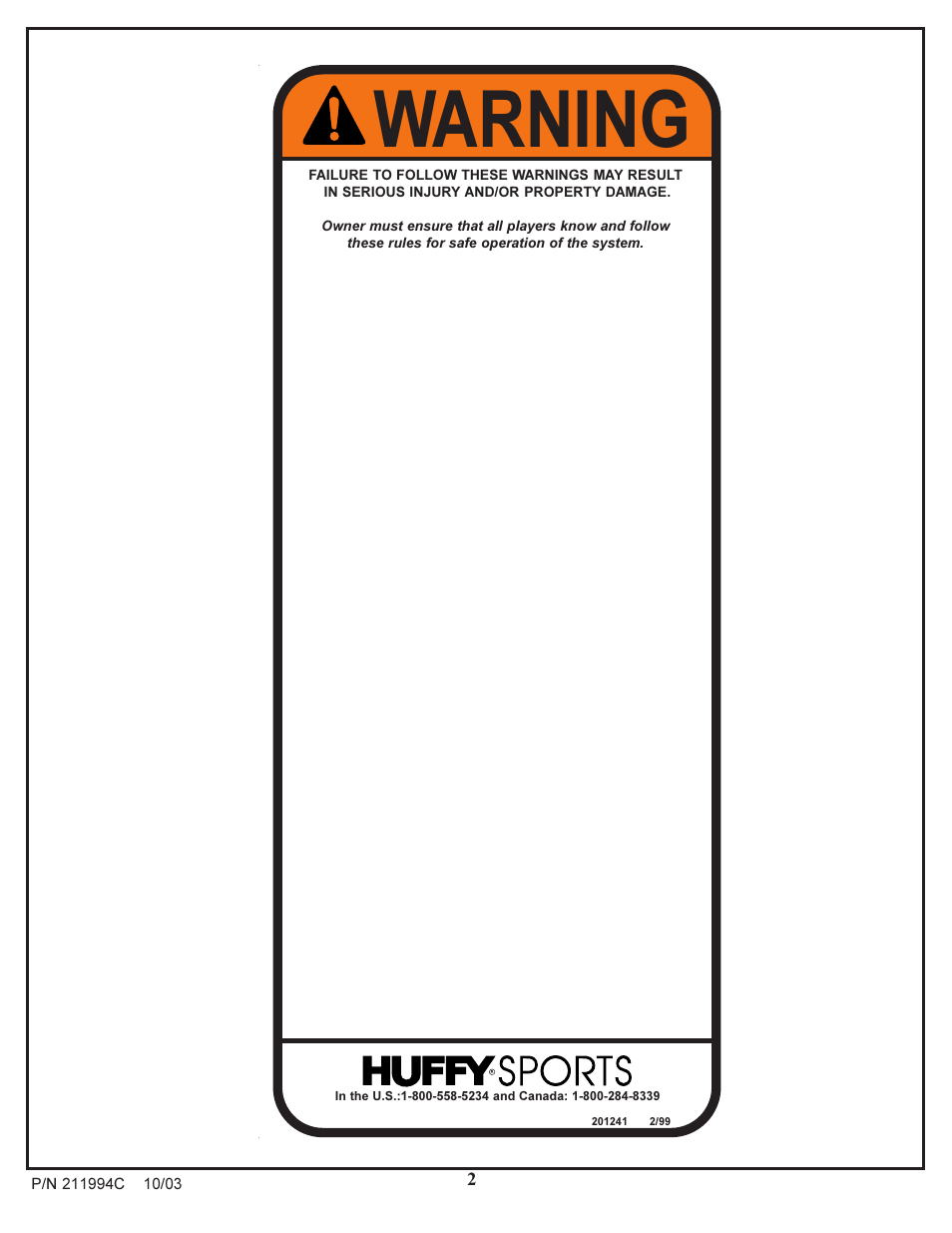Warning | Huffy 1332G User Manual | Page 2 / 18