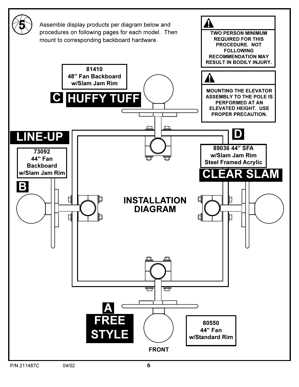 Warning, Cb line-up clear slam free style huffy tuff d a, Installation diagram | Huffy 89780 User Manual | Page 6 / 8