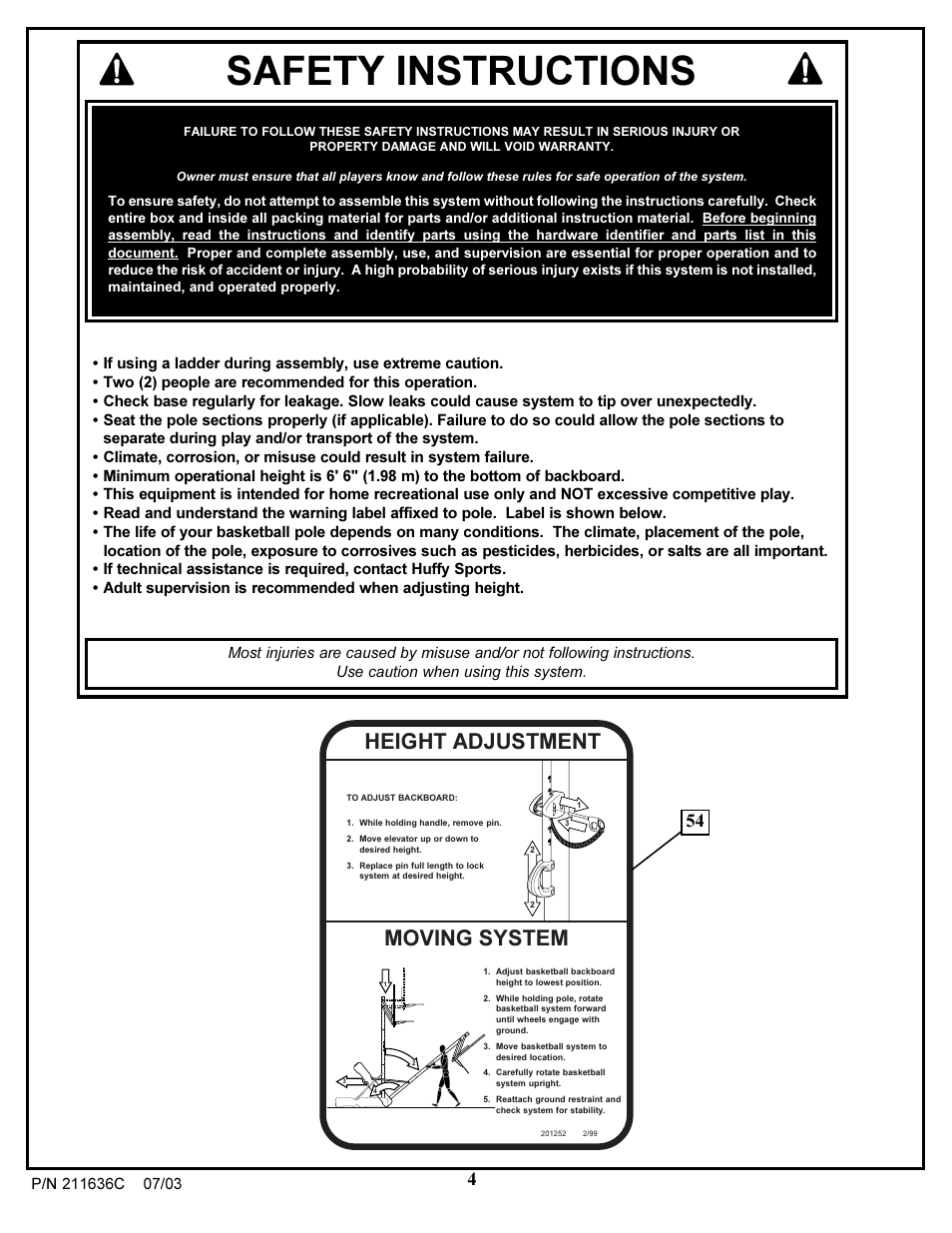 Safety instructions, Moving system, Height adjustment | Huffy VP8100 User Manual | Page 4 / 26