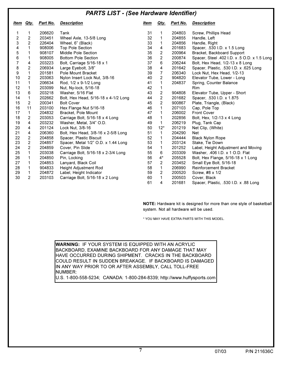 Parts list - (see hardware identifier) | Huffy VP8100 User Manual | Page 7 / 26