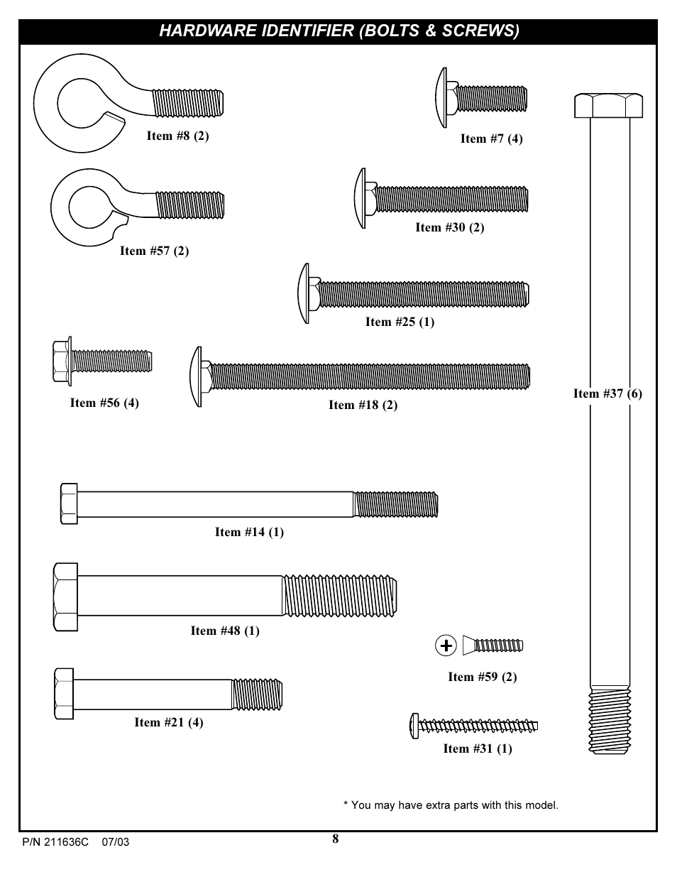 Hardware identifier (bolts & screws) | Huffy VP8100 User Manual | Page 8 / 26