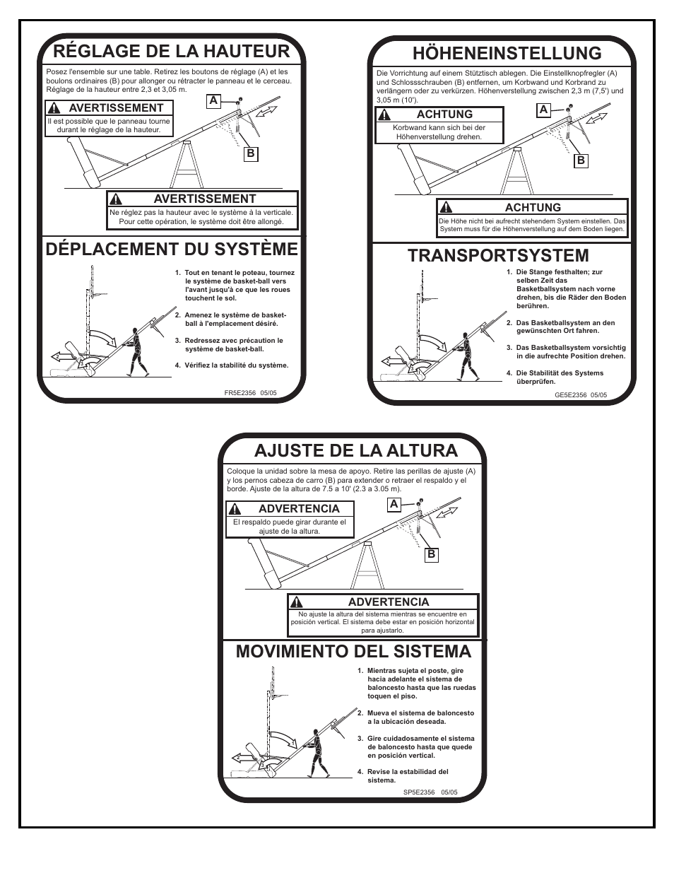 Réglage de la hauteur, Höheneinstellung, Ajuste de la altura | Déplacement du système, Transportsystem, Movimiento del sistema, Avertissement, Achtung, Advertencia | Huffy KD-S33 User Manual | Page 19 / 35