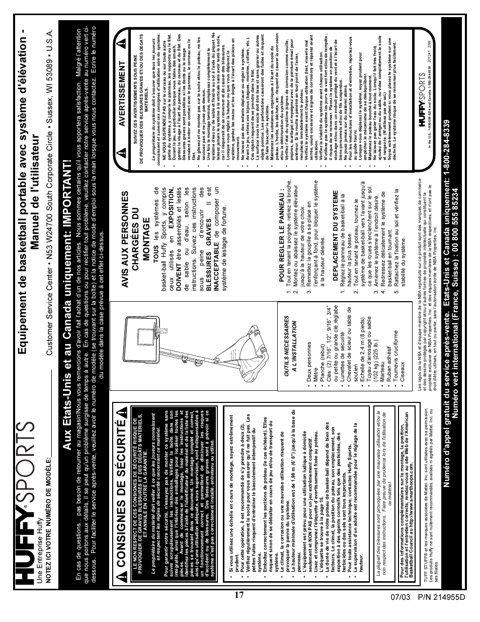 Consignes de sécurité, Avis aux personnes chargées du mont a g e, Avertissement | Une entreprise huffy | Huffy AR410W User Manual | Page 17 / 25