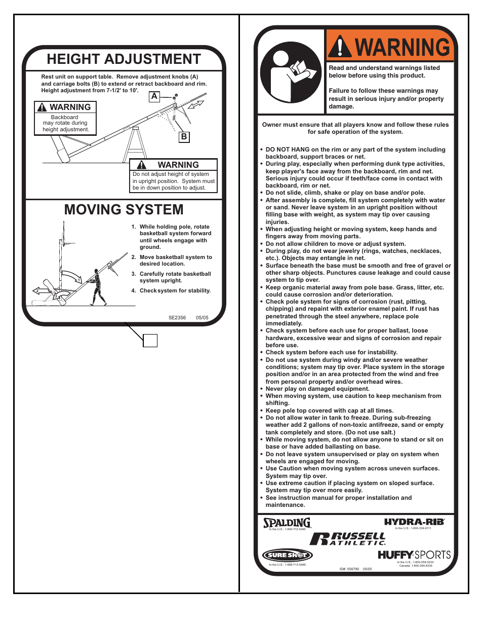 Warning, Moving system, Height adjustment | Awarning b warning | Huffy M611412 User Manual | Page 2 / 30