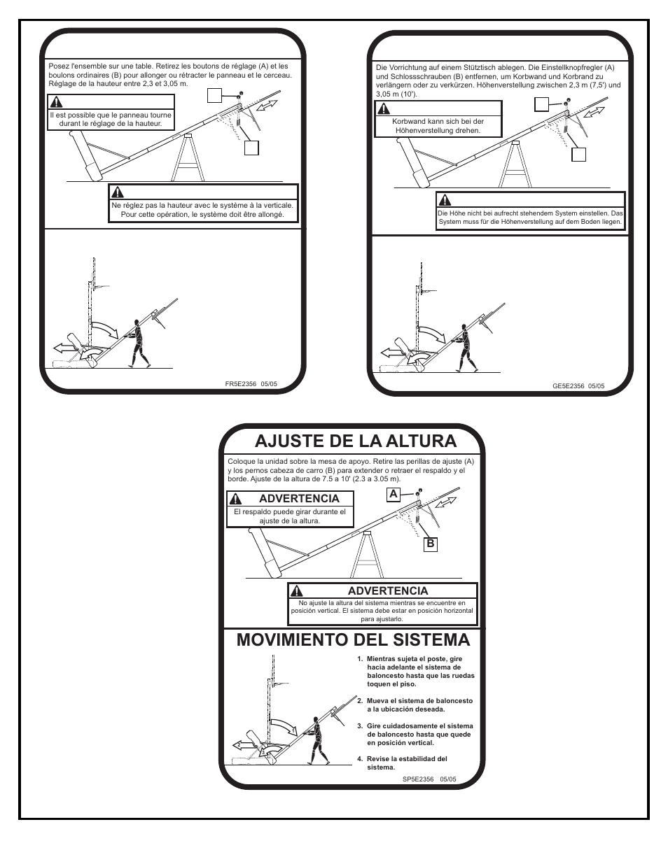 Réglage de la hauteur, Höheneinstellung, Ajuste de la altura | Déplacement du système, Transportsystem, Movimiento del sistema, Avertissement, Achtung, Advertencia | Huffy M621404 User Manual | Page 17 / 31