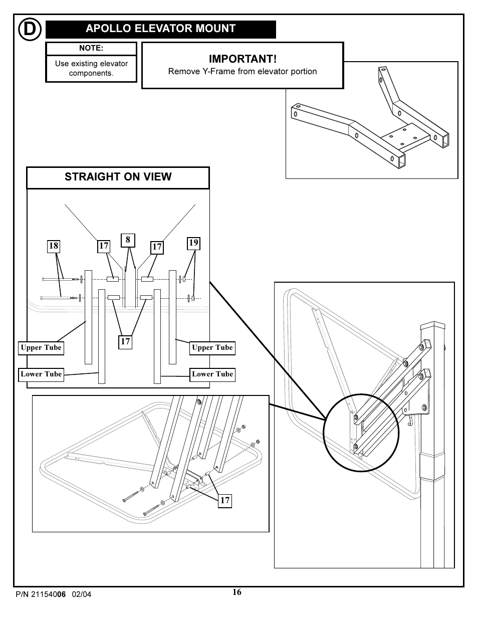 Apollo elevator mount, Important, Straight on view | Huffy 21154006 User Manual | Page 16 / 18