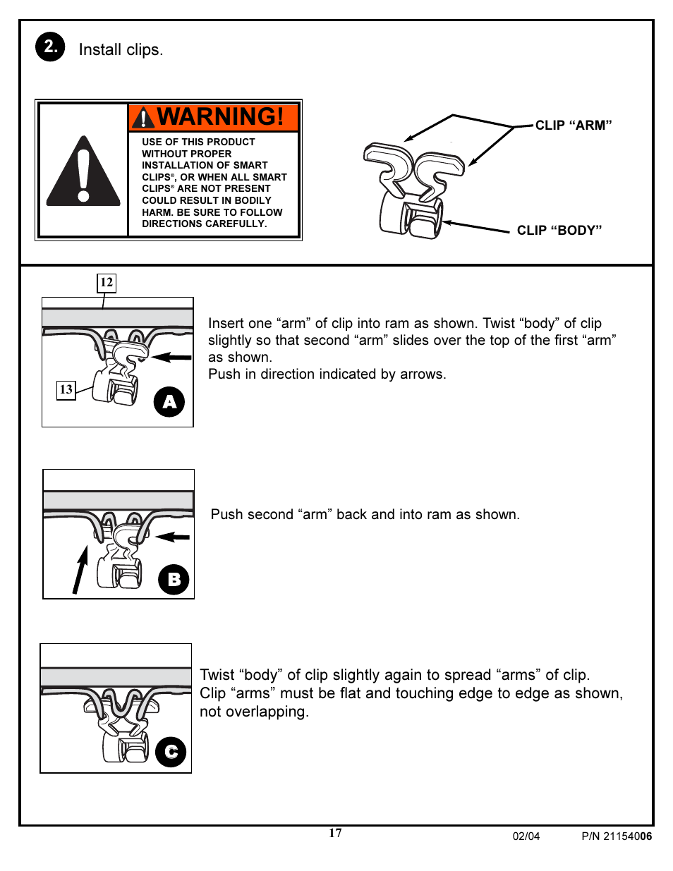 Warning, Ab b c c, Install clips | Huffy 21154006 User Manual | Page 17 / 18