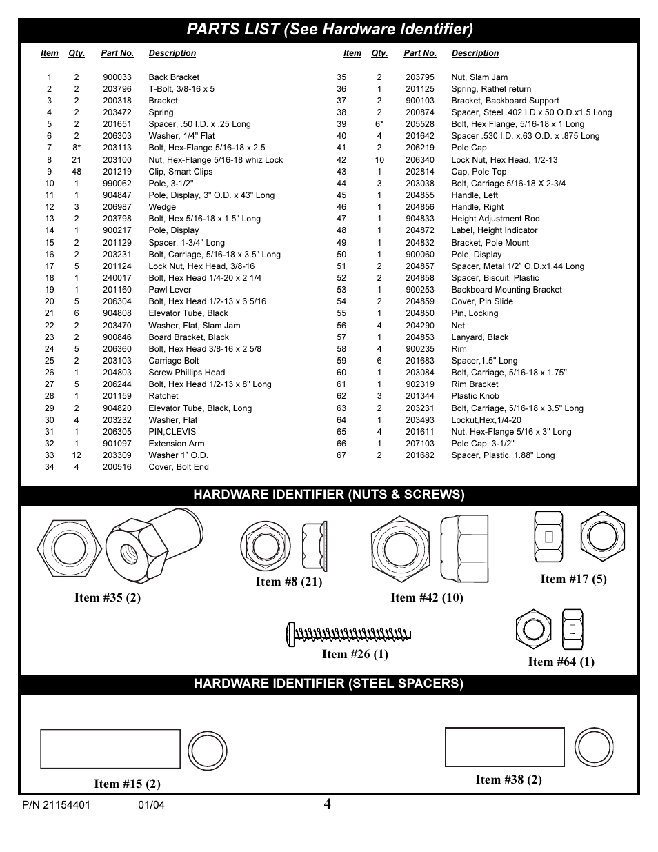 Parts list (see hardware identifier) | Huffy 89225 User Manual | Page 4 / 20