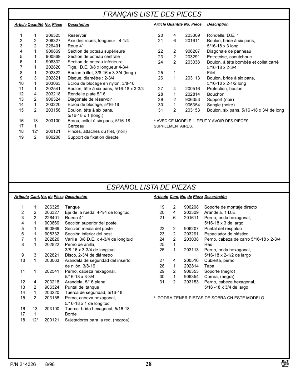 Français liste des pieces español lista de piezas | Huffy NETWORK PACK KA-DV300 User Manual | Page 28 / 30