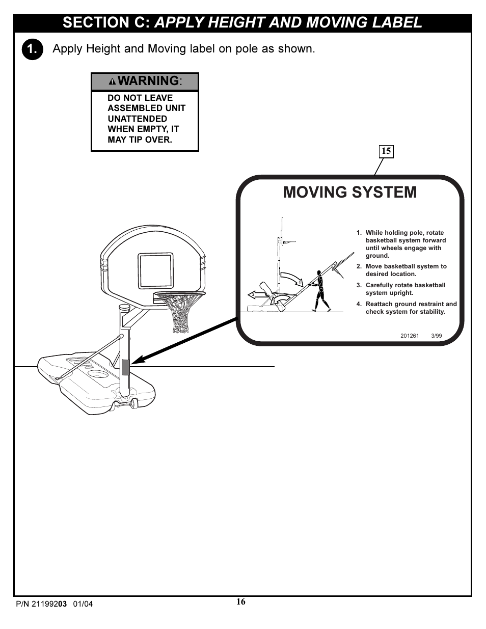 Moving system, Warning, Apply height and moving label on pole as shown | Huffy WI53089 User Manual | Page 16 / 16