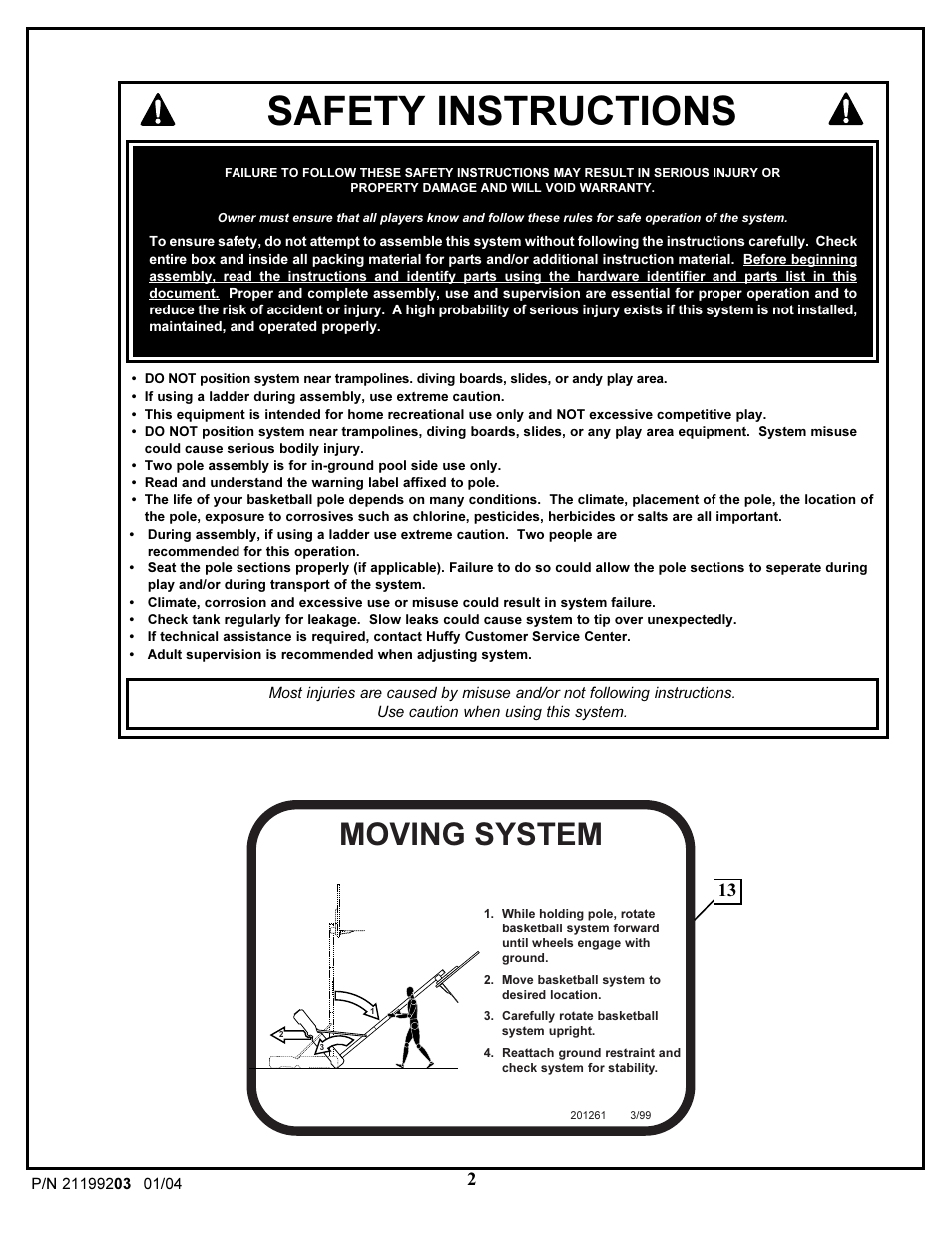 Safety instructions, Moving system | Huffy WI53089 User Manual | Page 2 / 16