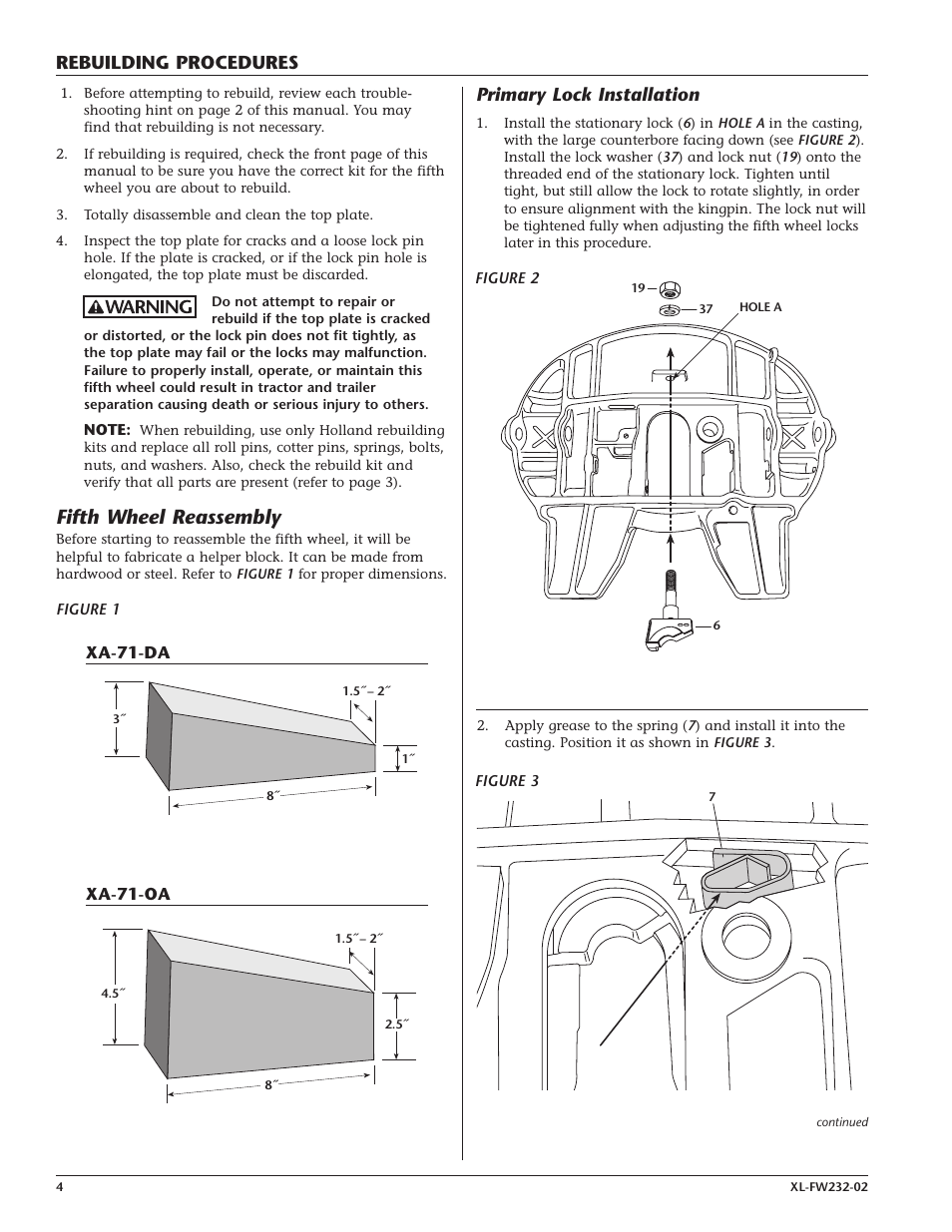 Fifth wheel reassembly, Rebuilding procedures, Primary lock installation | Holland Hitch XL-FW232-02 User Manual | Page 4 / 12