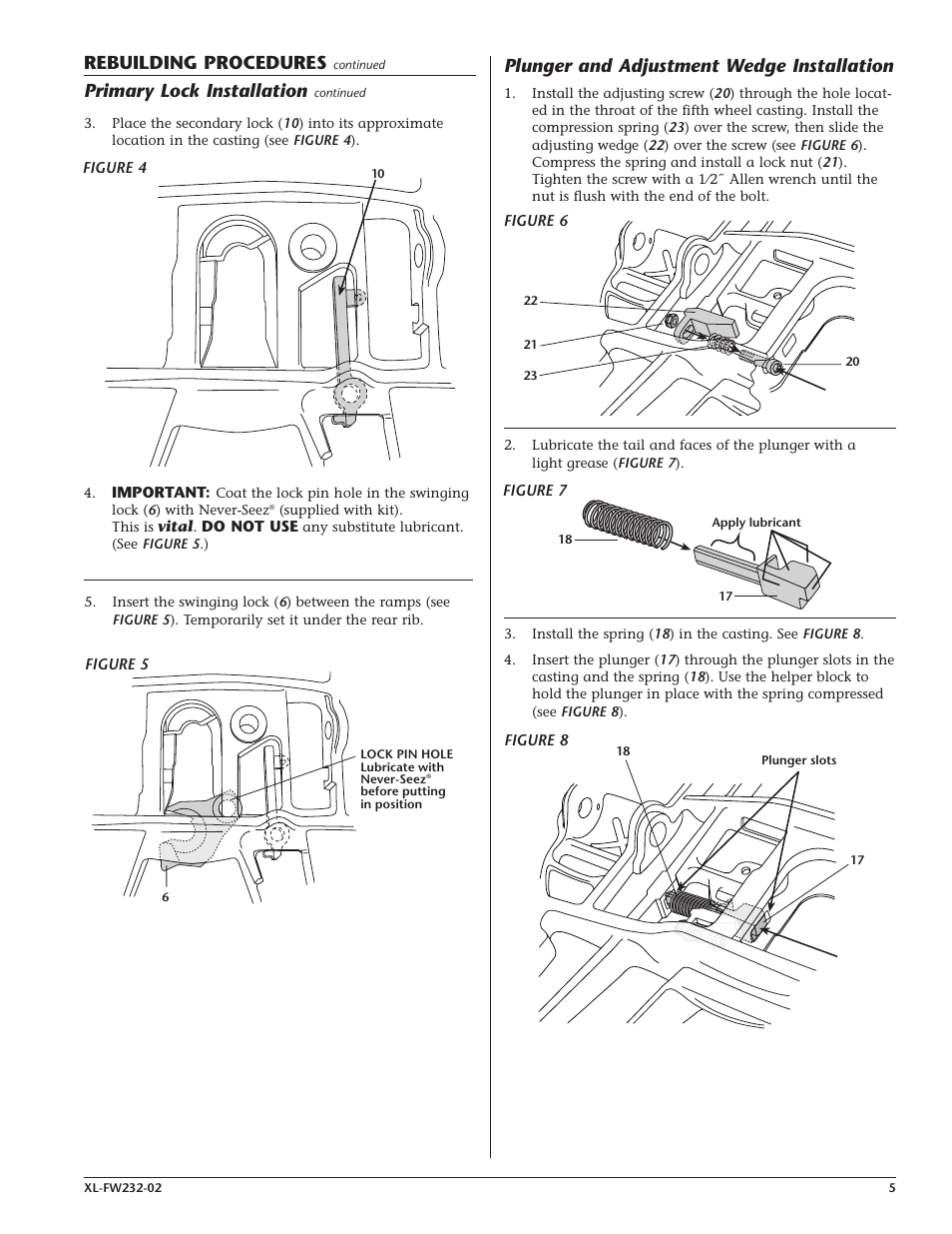 Plunger and adjustment wedge installation, Rebuilding procedures, Primary lock installation | Holland Hitch XL-FW232-02 User Manual | Page 5 / 12