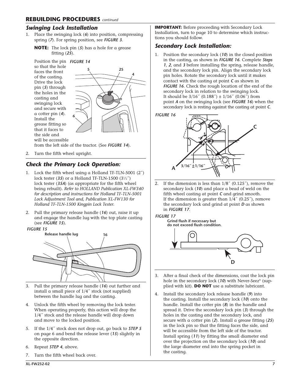 Rebuilding procedures, Swinging lock installation, Check the primary lock operation | Secondary lock installation | Holland Hitch XL-FW232-02 User Manual | Page 7 / 12